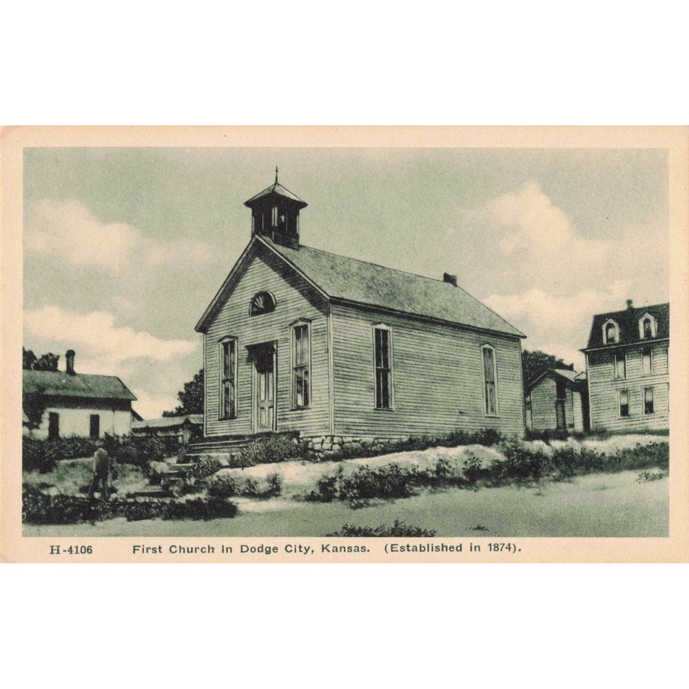 Fred Harvey Postcard H-4106 First Church Dodge City Kansas 1874 Divided Back